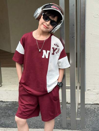 SHEIN 2pcs Tween Boy Casual Color Block Round Neck Short Sleeve T-Shirt And Shorts Set, Suitable For Commuting, School, Daily Casual Wear, Sports, Spring/Summer