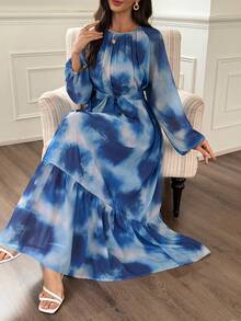 Vivie Lora 女士荷叶边扎染中长连衣裙 - 藍色 - 查看 1