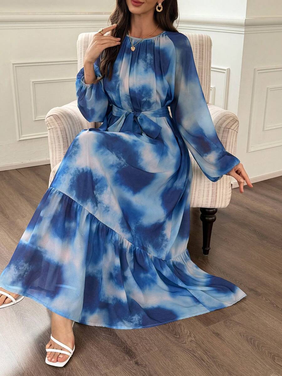 Vivie Lora 女士荷叶边扎染中长连衣裙 - 藍色 - 查看 1