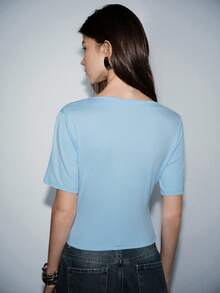Lumivelle Women's Casual Blue Ruched Waist Short Sleeve T-Shirt Blue T Shirt Light Blue Tops T Shirt Woman Plain Tshirts Women Women's T-Shirt - Blue - View 2