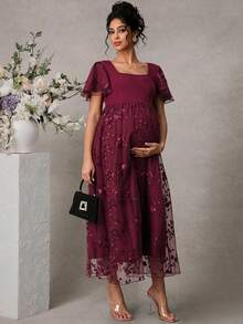 Momance Elegant Embroidered Short Sleeve Dress - Burgundy - View 5