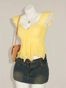 SHEIN ICON Áo tank top nữ dáng ôm, xếp ly phía trước, phối lưới, tay ngắn, hở lưng, thích hợp mặc đi nghỉ mát. - Vàng nhạt - Xem 3