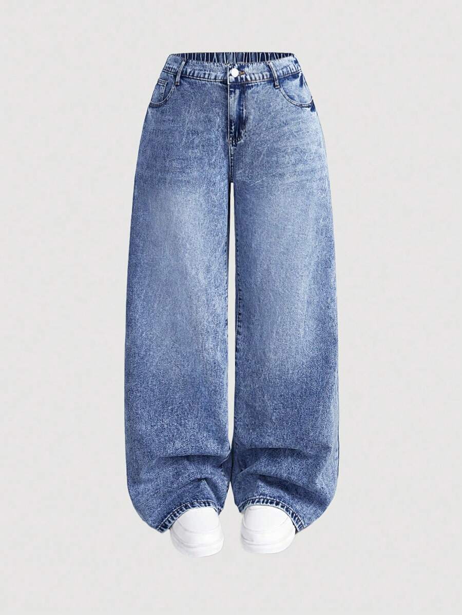 SHEIN MOD 大码休闲水洗斜插口袋修身直筒牛仔裤，蓝色 - 中等水洗藍 - 查看 1