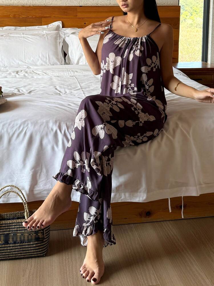 Floral All-Over Print Loose Women's Sleepwear Jumpsuit