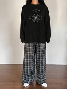 DAZY 女士宽松舒适格子印花长袖上衣和裤子两件套睡衣套装，秋季 - 黑色 - 查看 5