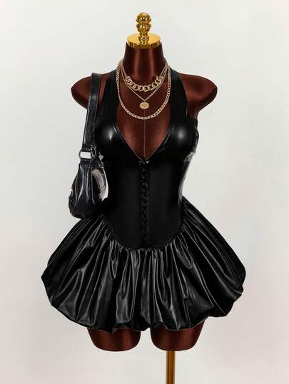 Amplova Y2K Women's Summer Fashion Party Halter Bubble Hem Mini Dress Faux Leather V-Neck Tulip Skirt, Cool And Stylish Zippered Sleeveless Backless Sexy Mini Mini Dress Summer Outfit For Women Spring Women Beach Outfit Vacation Outfits Women Casual Outfit For Women Party Outfit Slay Diva Dress Black Club Dress Leather Romper Rompers For Women Sexy Black Leather Dress Elegant Dresses For Women Vacation Outfits Women Vacation Outfits Women Y2k Party Dress Valentine's Day  Summer Outfit For Women Spring O
