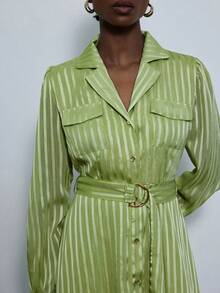 Aveloria Modichic Commuter Style Collared Minimalist Striped Satin Long Sleeve Dress - Green - View 5