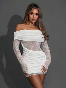 SHEIN ICON Asymmetrical Lace Sheer Off-Shoulder Sexy Mini Dress - White - View 3
