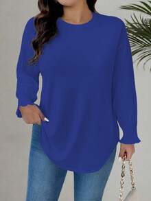 EMERY ROSE Blus Kasual Warna Biru Royal Ukuran Besar dengan Manset Berkerut, Lengan Panjang Rajut, dan Leher Bulat - Royal Blue - View 4