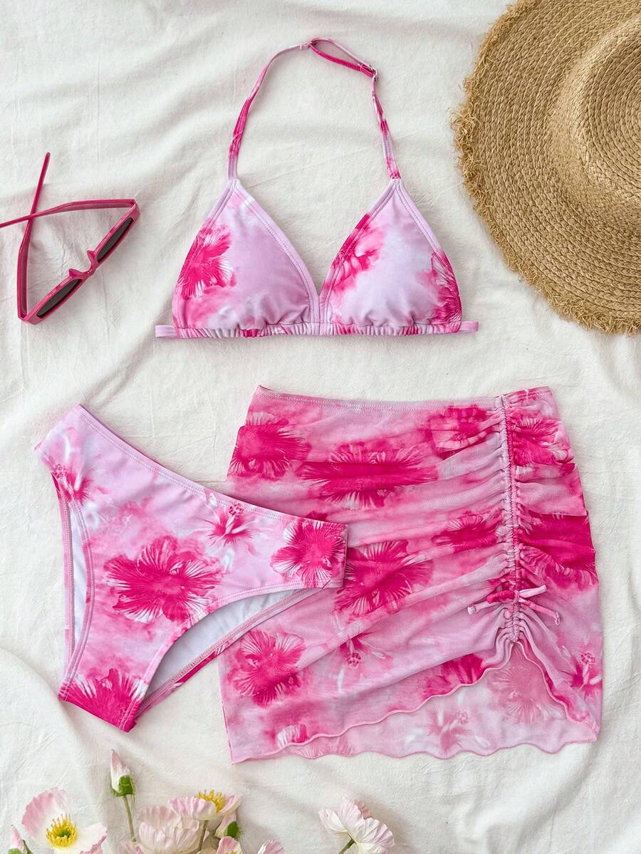 Tween Girls 3-Piece Floral Print Bikini Set, Sweet Casual Beach Vacation, Summer Swimwear, Beach Outfit