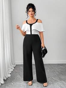 Elenzga Bộ jumpsuit dáng ôm thanh lịch cổ tròn viền bèo nhún phối màu đen trắng dành cho nữ cỡ lớn - Đen và trắng - Xem 1
