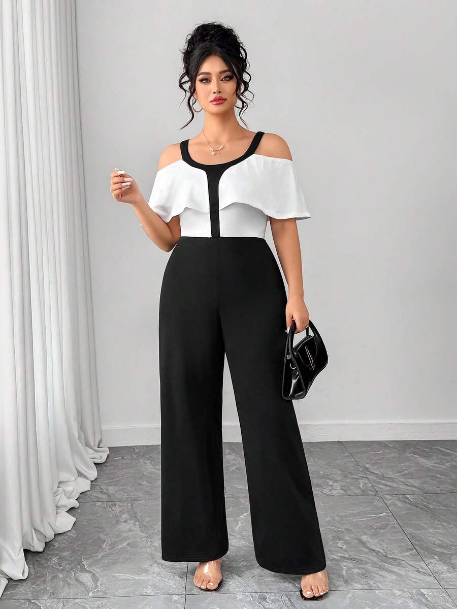 Elenzga Bộ jumpsuit dáng ôm thanh lịch cổ tròn viền bèo nhún phối màu đen trắng dành cho nữ cỡ lớn - Đen và trắng - Xem 1