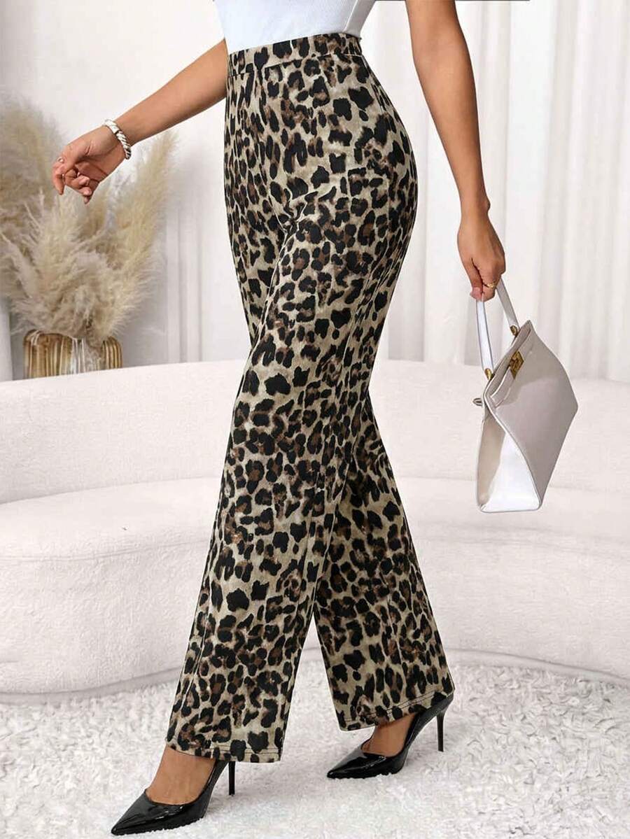SHEIN Clasi 女士优雅高腰显瘦弹力针织阔腿长款豹纹裤，百搭日常穿搭，春季女装春假狂欢节女装造型，2026春夏狂欢节必备猎豹纹裤，动物纹阔腿裤，高腰裤 - 彩色 - 查看 1