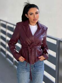 Durrani Popal 女式纯色长袖翻领PU皮革时尚西装外套 - 酒紅色 - 查看 5