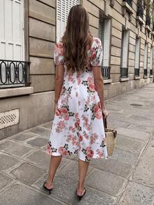 Pariaura 女士碎花印花休闲中长连衣裙，系带领口，泡泡短袖 - 淺粉色 - 查看 2