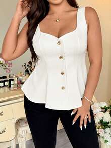 Vionelle 大码女式甜心领前开襟纽扣无袖衬衫，腰部收紧，优雅复古法式风格，适合通勤、商务、度假、休闲等场合，百搭实用，春夏皆宜。 - 白色 - 查看 4