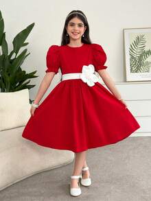SHEIN Tween Girl Elegant Party Round Neck Red Puff Sleeve A-Line Waist Ruched Floral Dress - Red - View 3