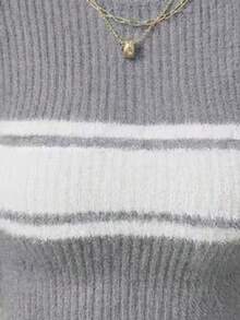 INAWLY Women's Striped Turtleneck Long Sleeve Fitted Sweater, Versatile For Autumn/Winter - Light Grey - View 4