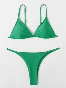 SHEIN Swim Sexig bikini i enfärgat set för kvinnor, sommarstrand - Grön - Visa 1