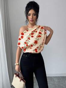 Rafferiza Women's Elegant Commuter Oblique Shoulder Printed Blouse - Multicolor - View 1