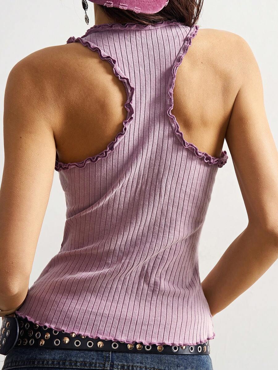 Bohemela 女士休闲纯色针织露肩修身背心 - 淺灰紫 - 查看 1