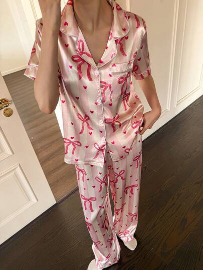 Dream Adore Conjunto de pijama de manga corta con pajarita y estampado de rayas de satén para mujer