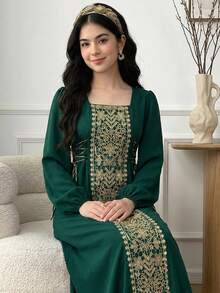 SHEIN Elegant Luxurious Solid Olive Green Square Neck Gold Thread Decor Ruffle Waist Tie Lantern Sleeve Dress, Abaya Style Dress, Girls Spring Autumn Dress, Everyday Wear, Arabic Jalabiya Dress, Dignified Embroidered Green Dress Dark Green Dress Long Sleeve Green Dress Elegant Green Dress Green Dresses For Women Muslim Girl Dress - Dark Green - View 4