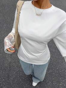 Muchica Women's White Knit Waist Design Contrast Lace 2 In 1 T-Shirt For Going Out Outfits, Streetwear, Y2K Clothes, White Top With Lace Sleeves - White - View 3