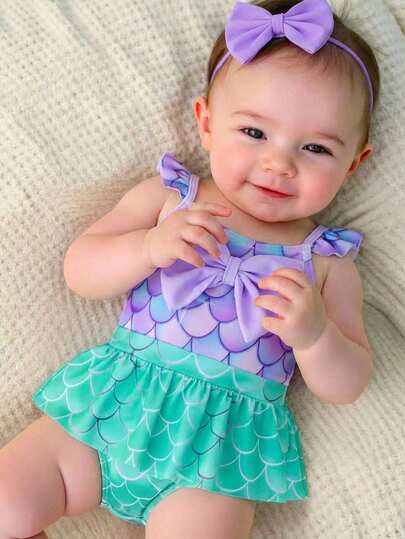 SHEIN Traje de baño de una pieza con tirantes, de punto, con bloque de color y estampado de sirena, casual y lindo para recién nacidos en verano