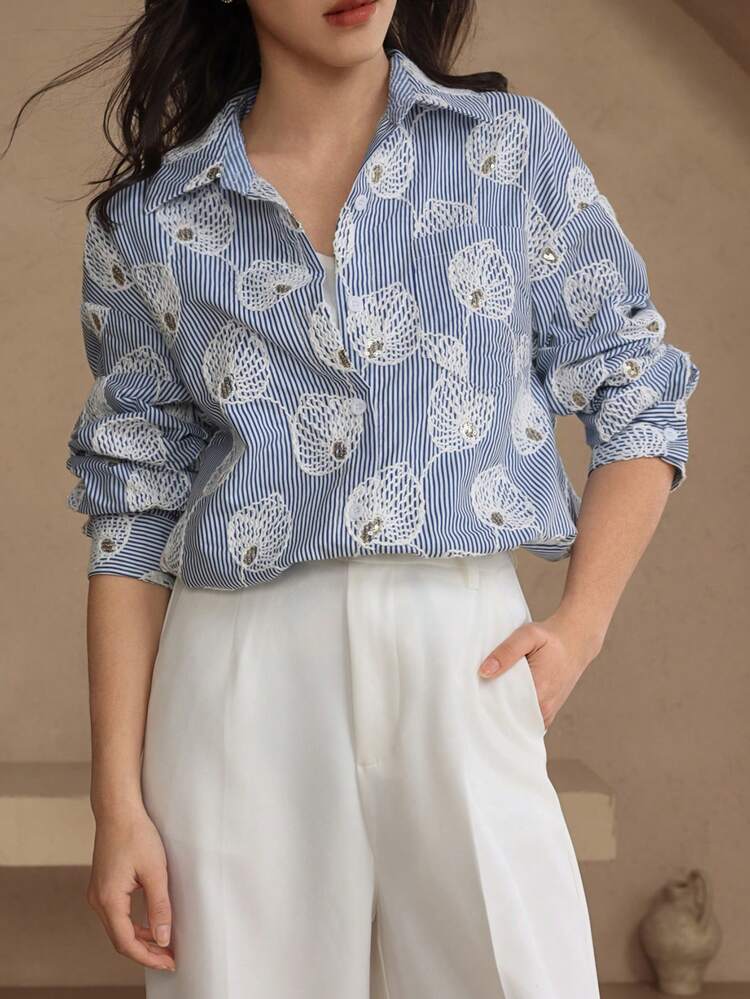 Women's Casual Floral Sequin Striped Blouse, Spring/Summer,Wedding Guest Dress Women