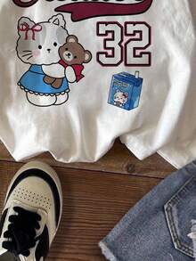 SHEIN CURVE+ Plus Size Casual Street Letter & Cartoon Graphic Short Sleeve T-Shirt, College Style Carnival - Multicolor - View 4