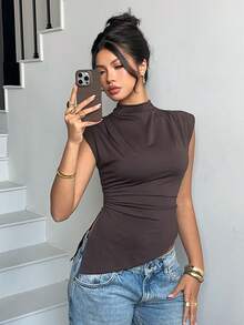 Siren Gaze Women Fashion Solid Short Sleeve Mock Neck Ruched Side Slit Slim Fit Top For Summer Chic Ladies Dark Brown Mock Neck Cap Sleeve Asymmetrical Ruched Hem T Shirt Blouse Dark Brown Top Cap Sleeve Top Chocolate Brown Top - Chocolate Brown - View 4