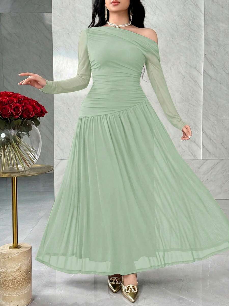 Feyla Vestido elegante de manga larga con hombro asimétrico y fruncido en unicolor para mujer - Verde Gris - Ver 1