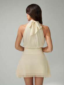 SHEIN Tall Women's Sexy & Elegant Halter Neck Chiffon Waist Ruched Dress With Bowknot Tie Back Ivory Dress Halter Neck Dress Creme Dress Asymmetrical Dress One Shoulder Dress Bow Back Dress - Beige - View 3