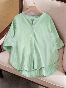 Rusticease Plus Size Casual/Work Striped Shirt, Spring/Summer - Green - View 2