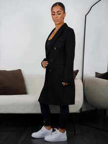 SAYEHFBABY 女式双排扣纯色大衣 - 黑色 - 查看 5