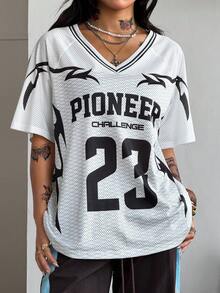 Coolane 女士春夏街头风 Y2K 豹纹数字图案足球球衣 V 领粉色 T 恤 - 白色 - 查看 6