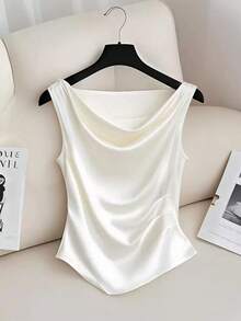 Resyla Áo camisole nữ màu trơn cổ tròn, kiểu dáng thời trang, đa năng. - trắng - Xem 1