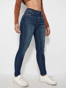 SHEIN EZwear 女士休闲日常通勤修身紧身牛仔裤 - 中等水洗藍 - 查看 4