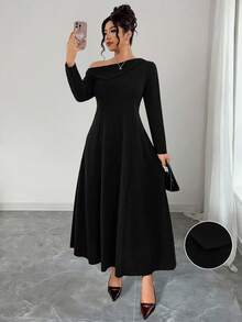 Elenzga Rochie de seară cu guler înalt, mânecă lungă, model A, tiv tip coadă de pește, tricotată moale, mărime plus, pentru ieșiri, petreceri, întâlniri și naveta - Negru - Vizualizare 7