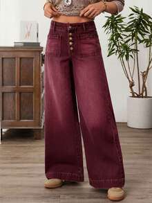 EMERY ROSE 女士休闲宽松阔腿牛仔裤 - 酒紅色 - 查看 4