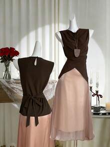 SHEIN LUNE Áo kiểu nữ thời trang, thanh lịch, phù hợp đi làm, đi nghỉ mát, mặc hàng ngày vào mùa xuân/hè, màu nâu, cổ áo xếp ly, dây đeo chéo thắt nơ. - màu nâu - Xem 1