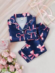 2pcs Girls Young Bow Print Long Sleeve Cardigan And Pants Homewear Set, Spring/Autumn - Royal Blue - View 4