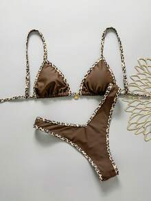 Swim Vcay Leopard Trim Triangle High Cut Bikini Swimsuit - Brown - View 3