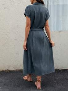 Vivie Lora Women's Sleeveless Tie-Waist Tie-Dye Denim Effect Midi Dress - Blue - View 4