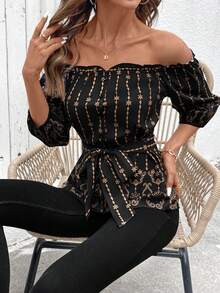 SHEIN Holidaya 1pc Women's Off-Shoulder Button Waist Belt Printed Blouse - Black - View 6