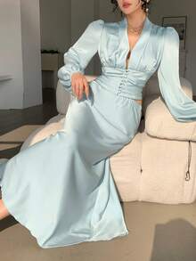 DAZY Bộ đồ nữ thanh lịch gồm áo sơ mi và chân váy xếp ly màu trơn, thích hợp cho mùa hè, xuân, dự tiệc cưới. - Màu xanh lam - Xem 6