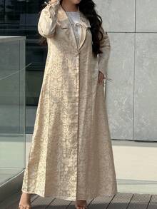 Yasmyna Damen Jacquard Einreihiger Lässig Everyday Abaya Robe mit langen Ärmeln - Aprikosenfarben - Übersicht 2