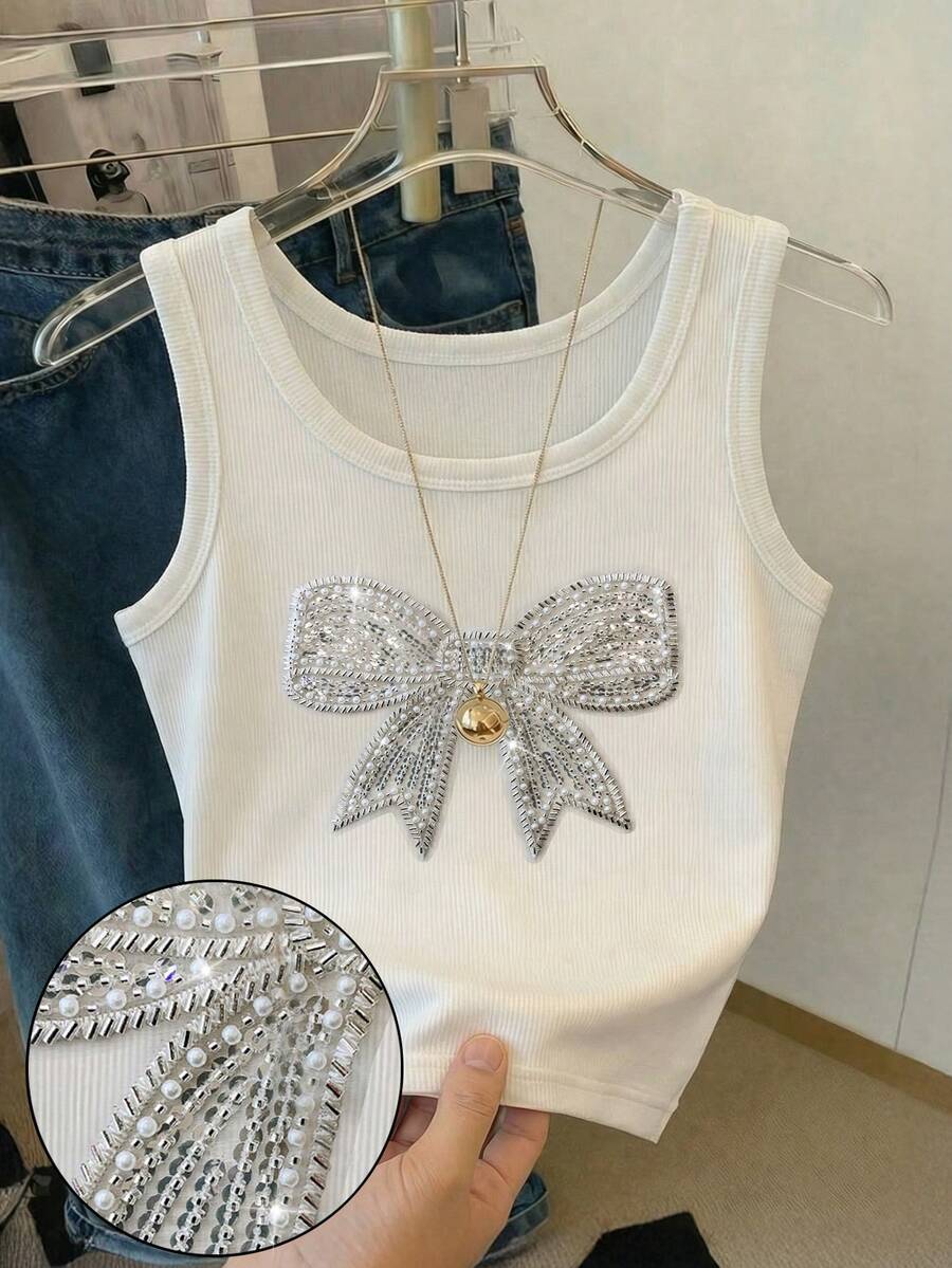 Resyla Shiny Bow Sequin Embroidered Minimalist Cropped Tank Top, Gift For Friends - White - View 1