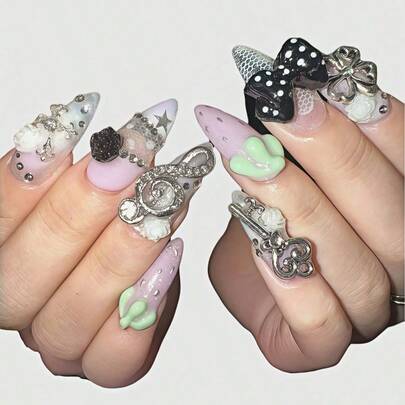 ROMWE Anime 10 móng giả trang trí phong cách Y2K Retro hình ngôi sao, chấm bi, sọc, Pop Art, Grunge, nốt nhạc, làm thủ công, phù hợp cho sinh viên, lễ hội âm nhạc, hẹn hò, v.v.